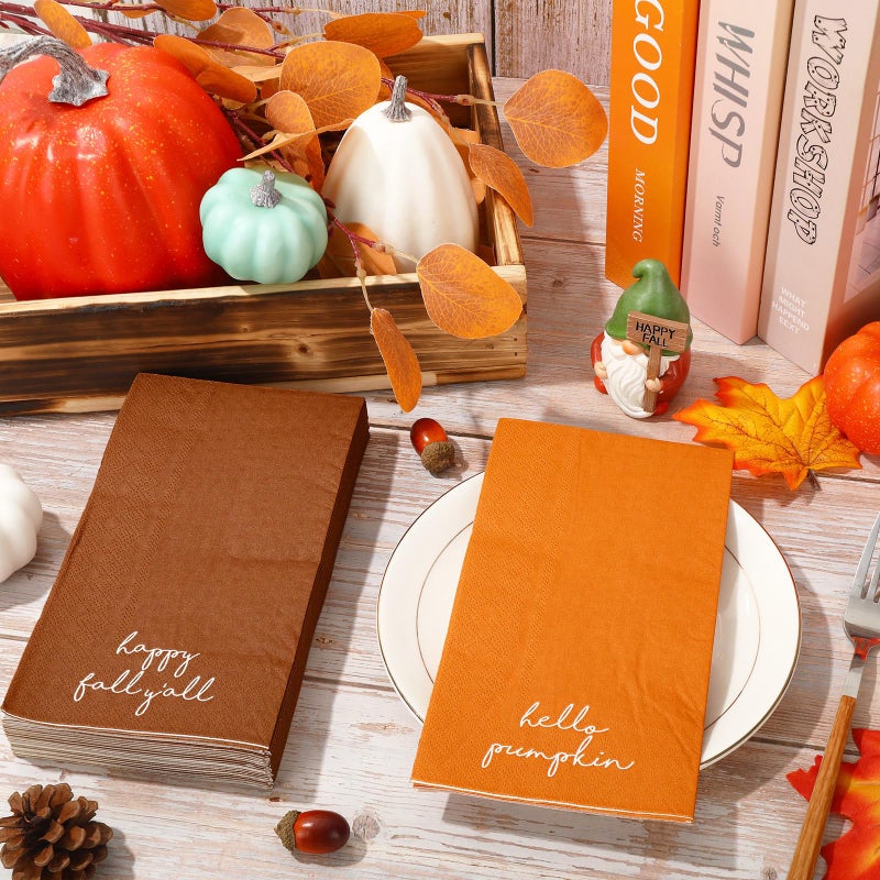 Whaline Happy Fall Guest Napkins Orange Brown Paper Napkins Autumn Disposable Guest Hand Napkin Towel for Thanksgiving Party Supplies Bathroom Table Decor,80Pcs - Image 3